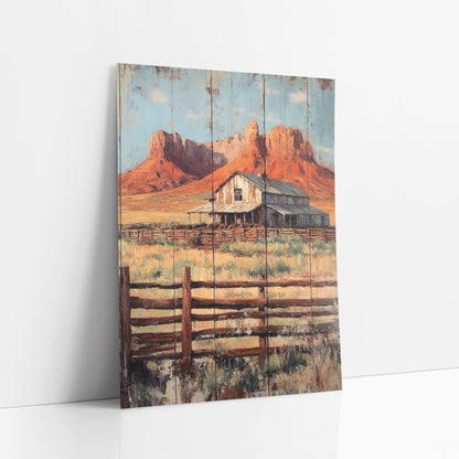 Mesa Barn Fence Weathered Plank art print leaning against a white wall – weathered ranch house and wooden corral fence in dry