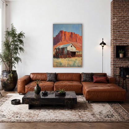 Red Rock Barn Western Decor wall art in a rustic western-style room – weathered wooden barn with tin roof and corral