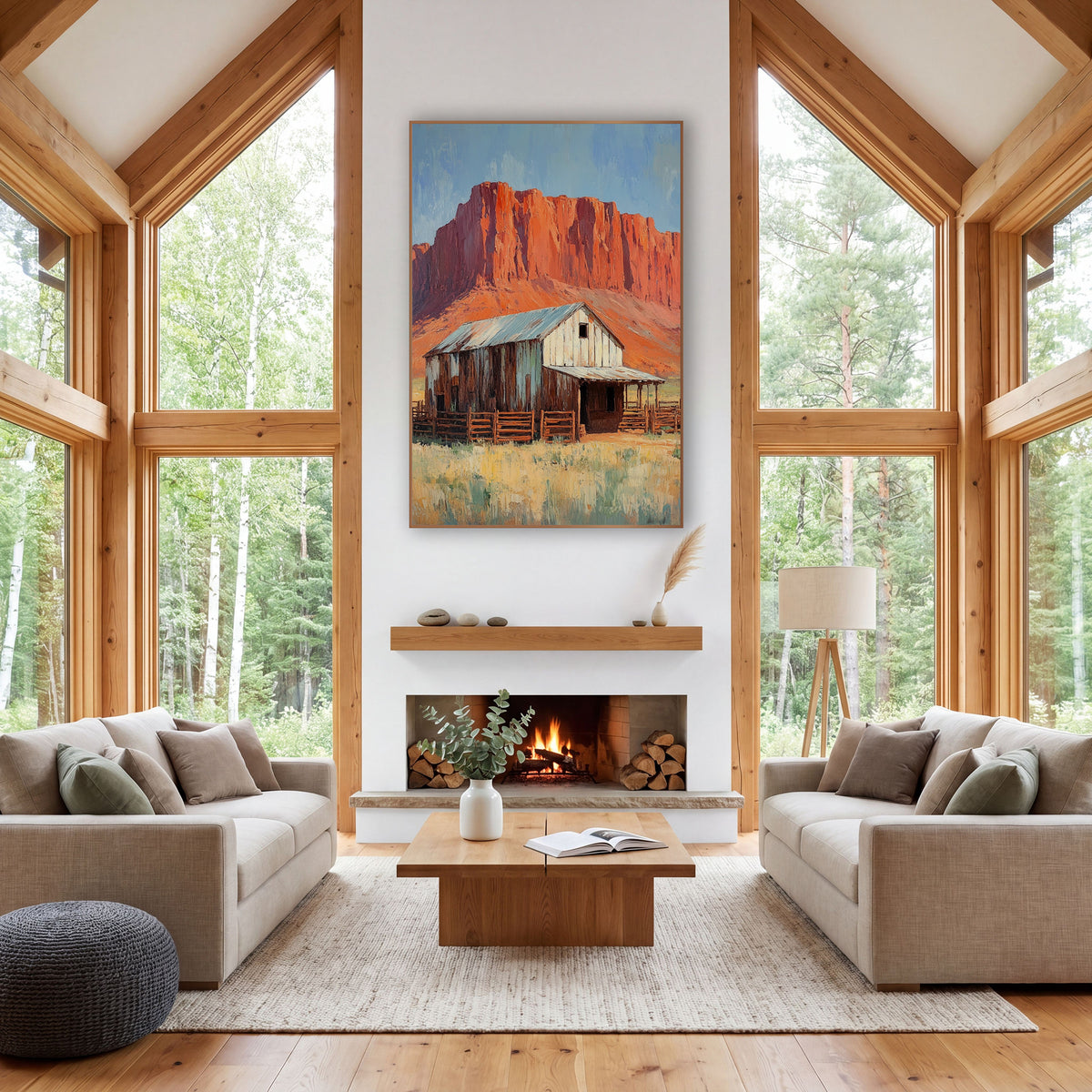 Red Rock Barn Western Decor wall art in a rustic western-style room – weathered wooden barn with tin roof and corral