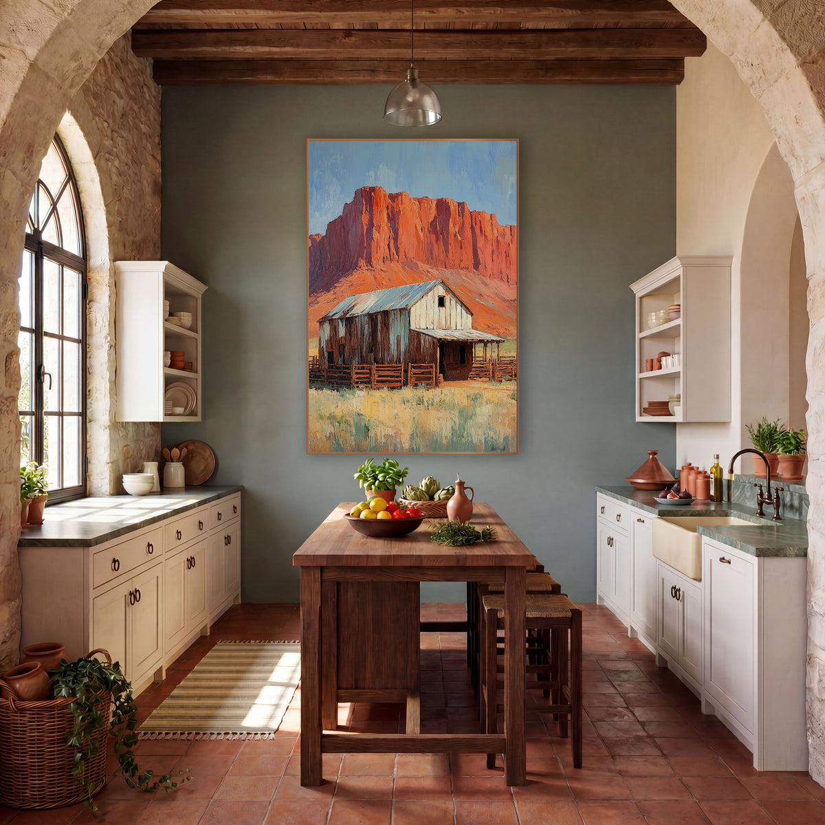 Red Rock Barn Western Decor wall art in a rustic western-style room – weathered wooden barn with tin roof and corral