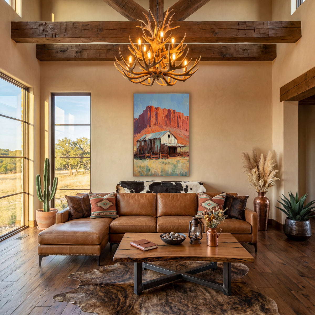 Red Rock Barn Western Decor wall art in a rustic western-style room – weathered wooden barn with tin roof and corral