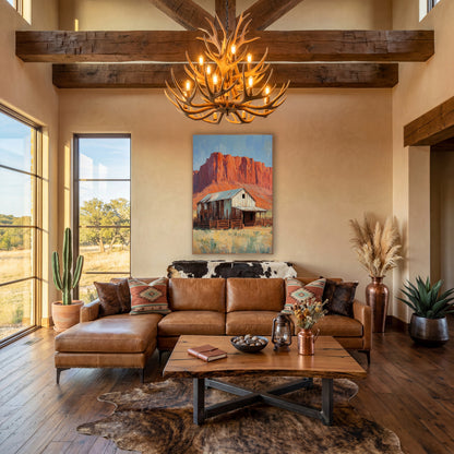 Red Rock Barn Western Decor wall art in a rustic western-style room – weathered wooden barn with tin roof and corral