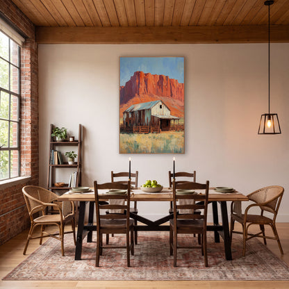 Red Rock Barn Western Decor wall art in a rustic western-style room – weathered wooden barn with tin roof and corral