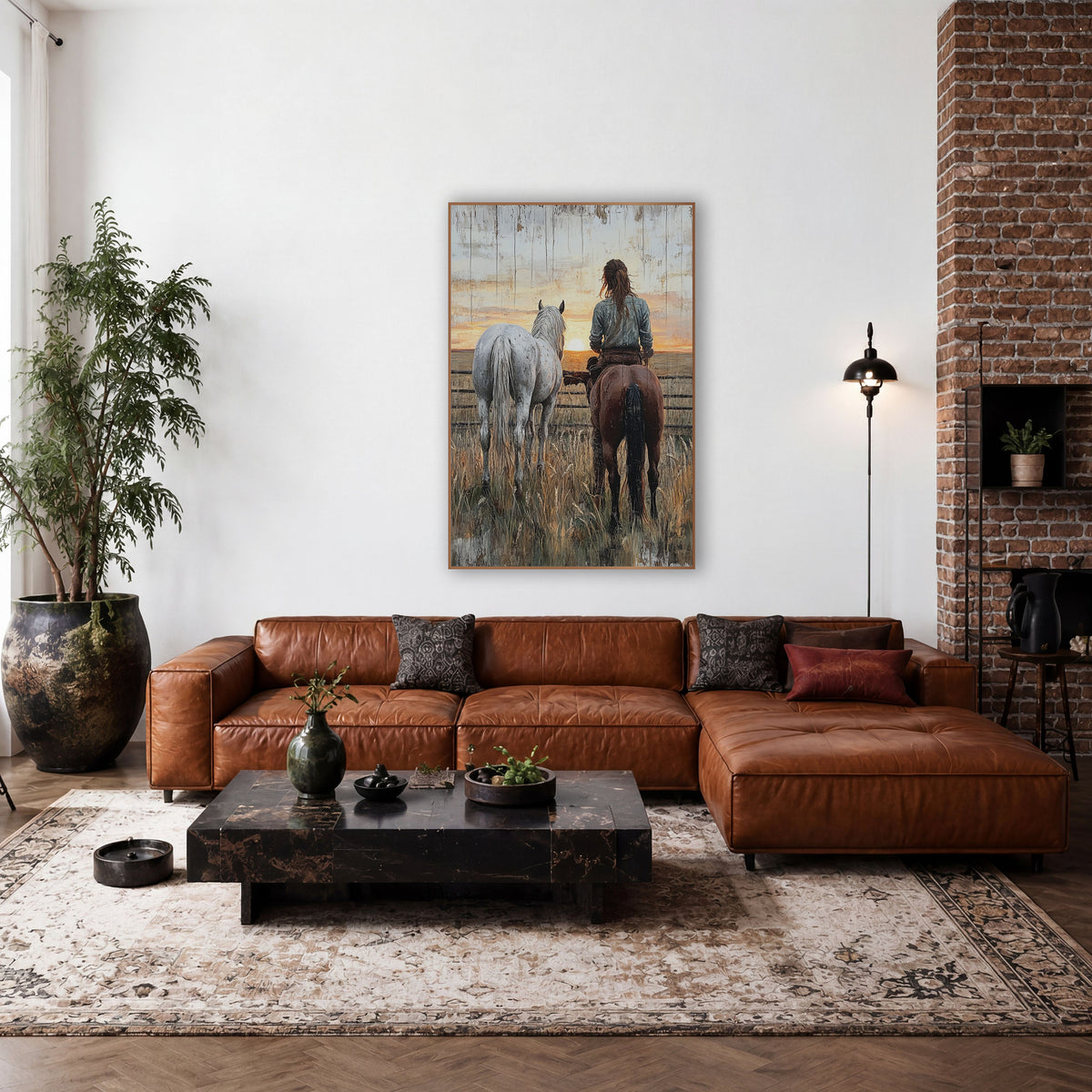 Rider and Gray Horse Western Rustic wall art in a rustic western-style room – rider on a brown horse beside a gray