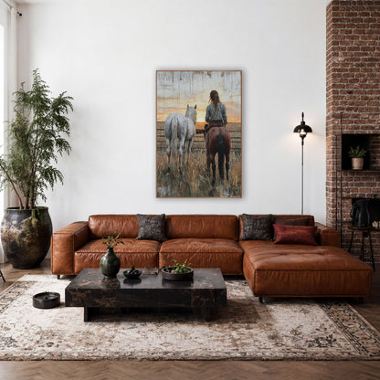 Rider and Gray Horse Western Rustic wall art in a rustic western-style room – rider on a brown horse beside a gray