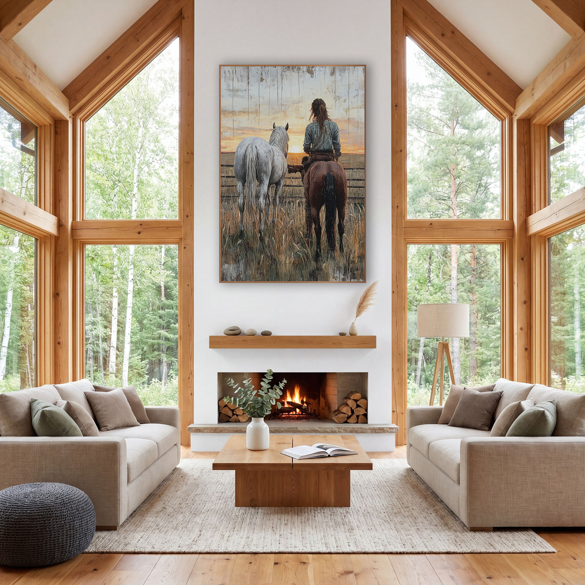 Rider and Gray Horse Western Rustic wall art in a rustic western-style room – rider on a brown horse beside a gray