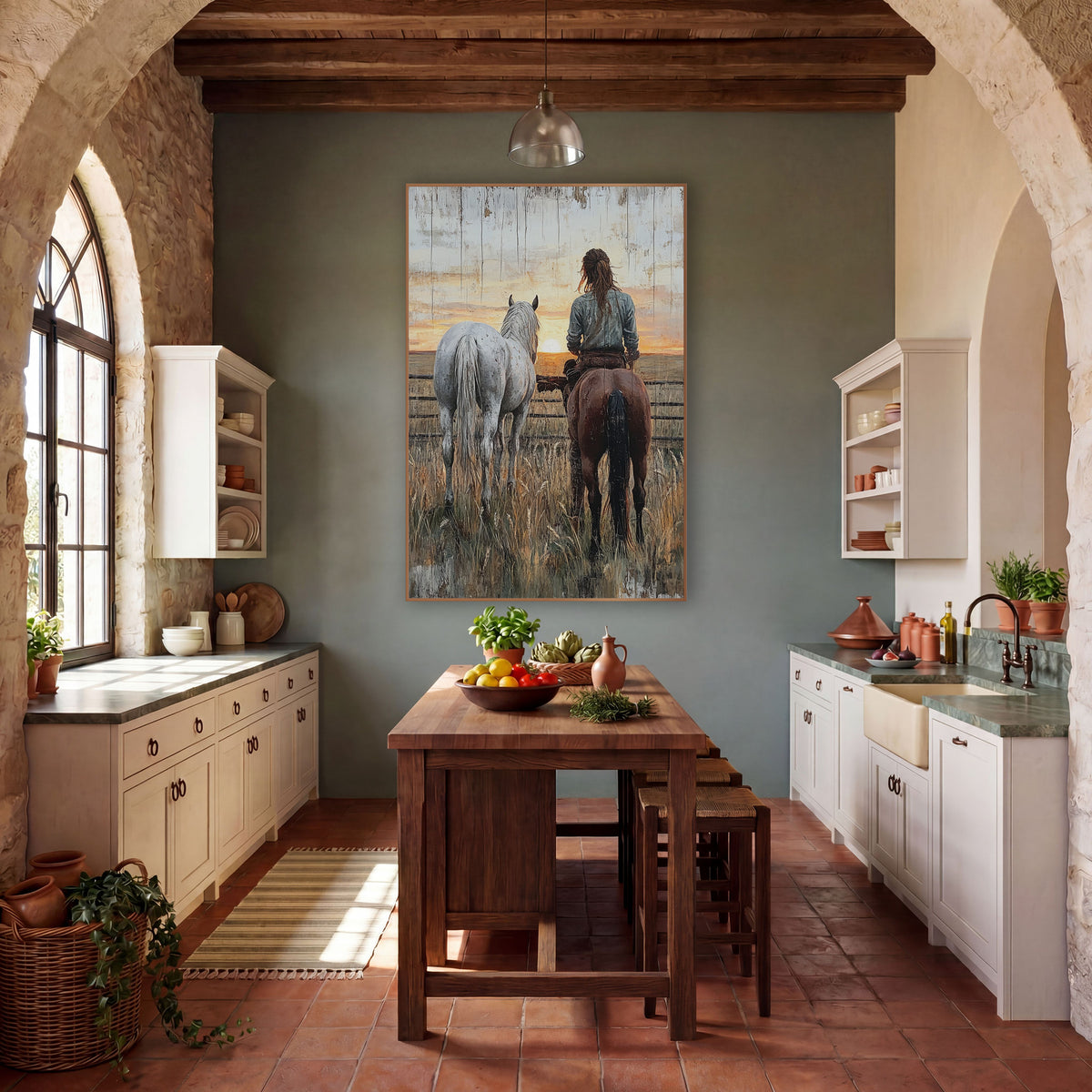 Rider and Gray Horse Western Rustic wall art in a rustic western-style room – rider on a brown horse beside a gray
