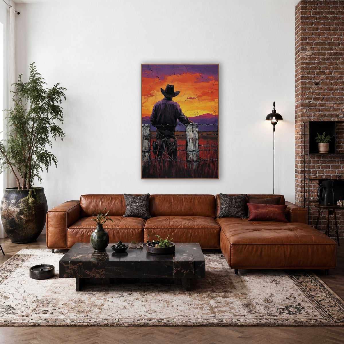Violet Dusk Cowboy Fence Post wall art in a rustic western-style room – cowboy seen from behind at a white fence