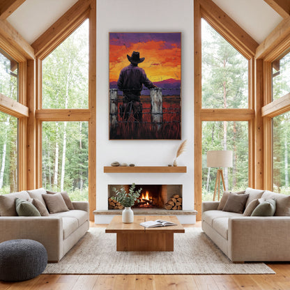 Violet Dusk Cowboy Fence Post wall art in a rustic western-style room – cowboy seen from behind at a white fence