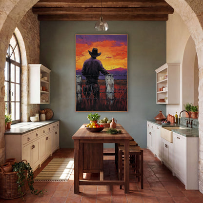 Violet Dusk Cowboy Fence Post wall art in a rustic western-style room – cowboy seen from behind at a white fence
