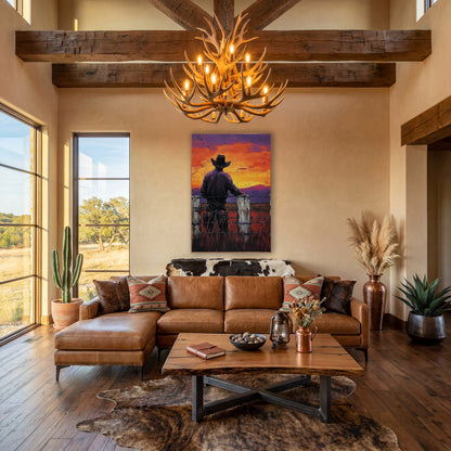 Violet Dusk Cowboy Fence Post wall art in a rustic western-style room – cowboy seen from behind at a white fence