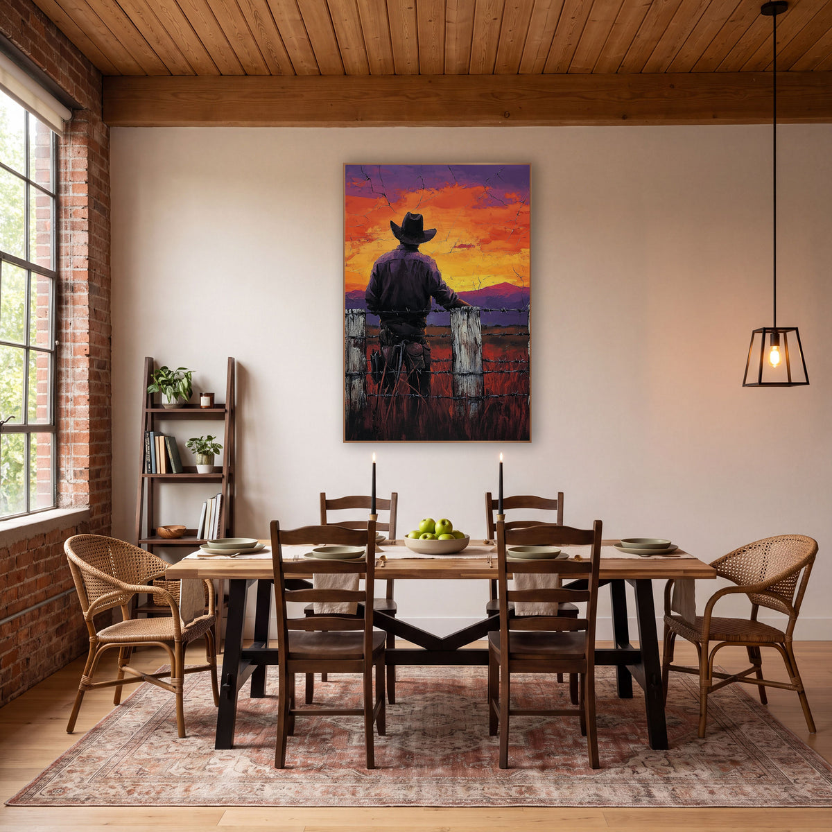 Violet Dusk Cowboy Fence Post wall art in a rustic western-style room – cowboy seen from behind at a white fence