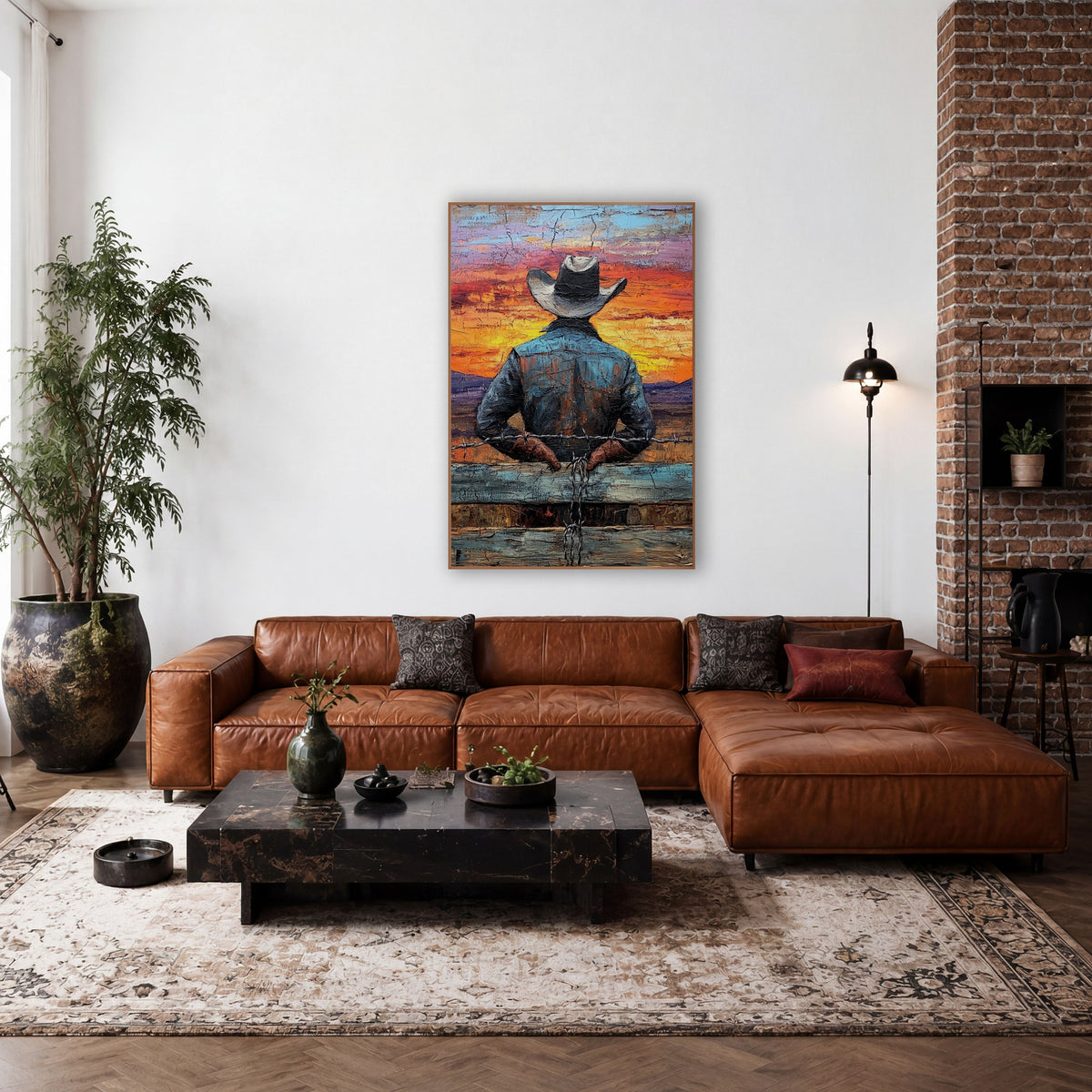 Cowboy Fence Rail Sunset Western wall art in a rustic western-style room – cowboy in gray hat seen from behind