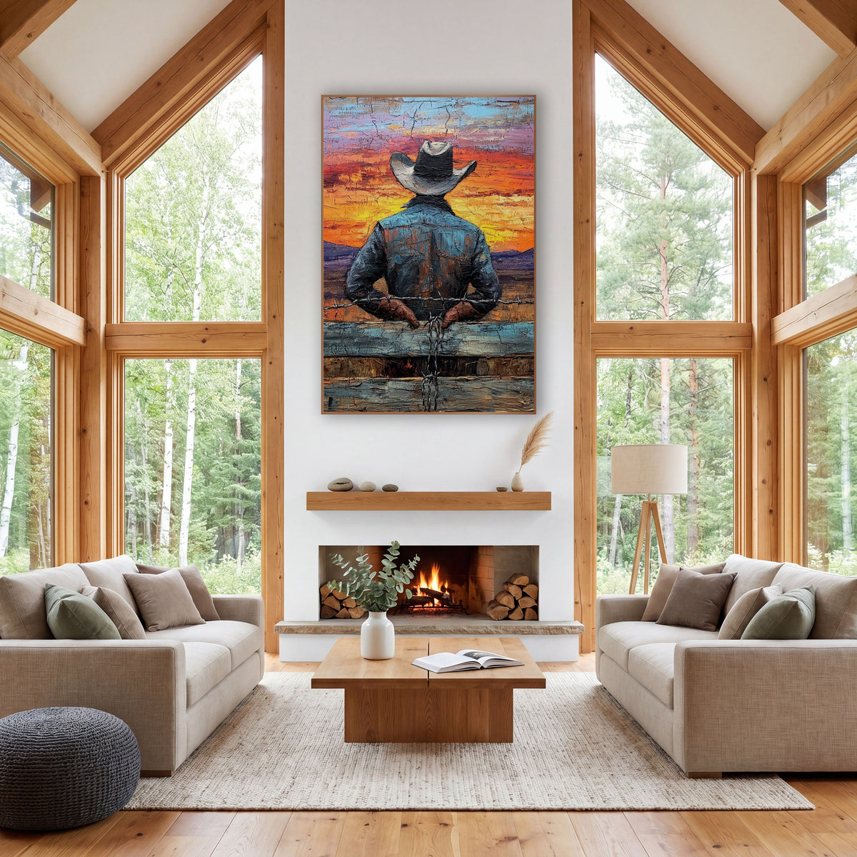 Cowboy Fence Rail Sunset Western wall art in a rustic western-style room – cowboy in gray hat seen from behind