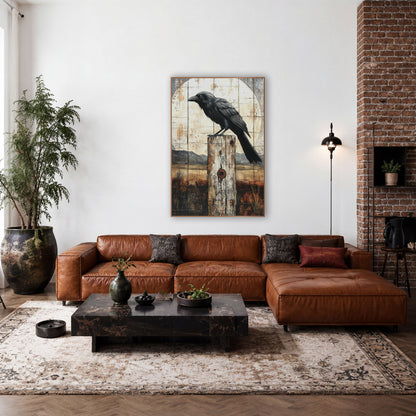 Raven Pale Moon Mesa Painterly wall art in a rustic western-style room – black raven perched on a weathered wooden