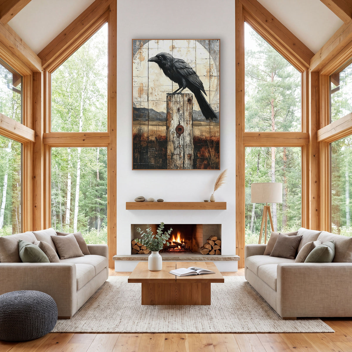 Raven Pale Moon Mesa Painterly wall art in a rustic western-style room – black raven perched on a weathered wooden