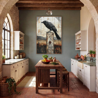 Raven Pale Moon Mesa Painterly wall art in a rustic western-style room – black raven perched on a weathered wooden
