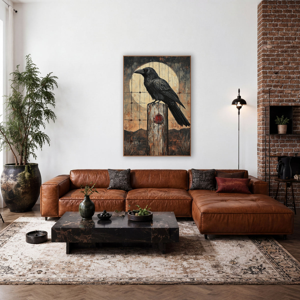 Raven Fence Post Moon Western wall art in a rustic western-style room – black raven perched on a weathered wooden