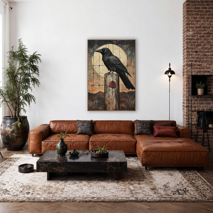Raven Fence Post Moon Western wall art in a rustic western-style room – black raven perched on a weathered wooden