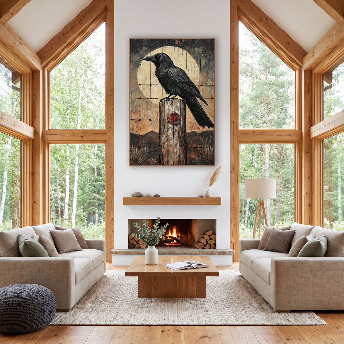 Raven Fence Post Moon Western wall art in a rustic western-style room – black raven perched on a weathered wooden