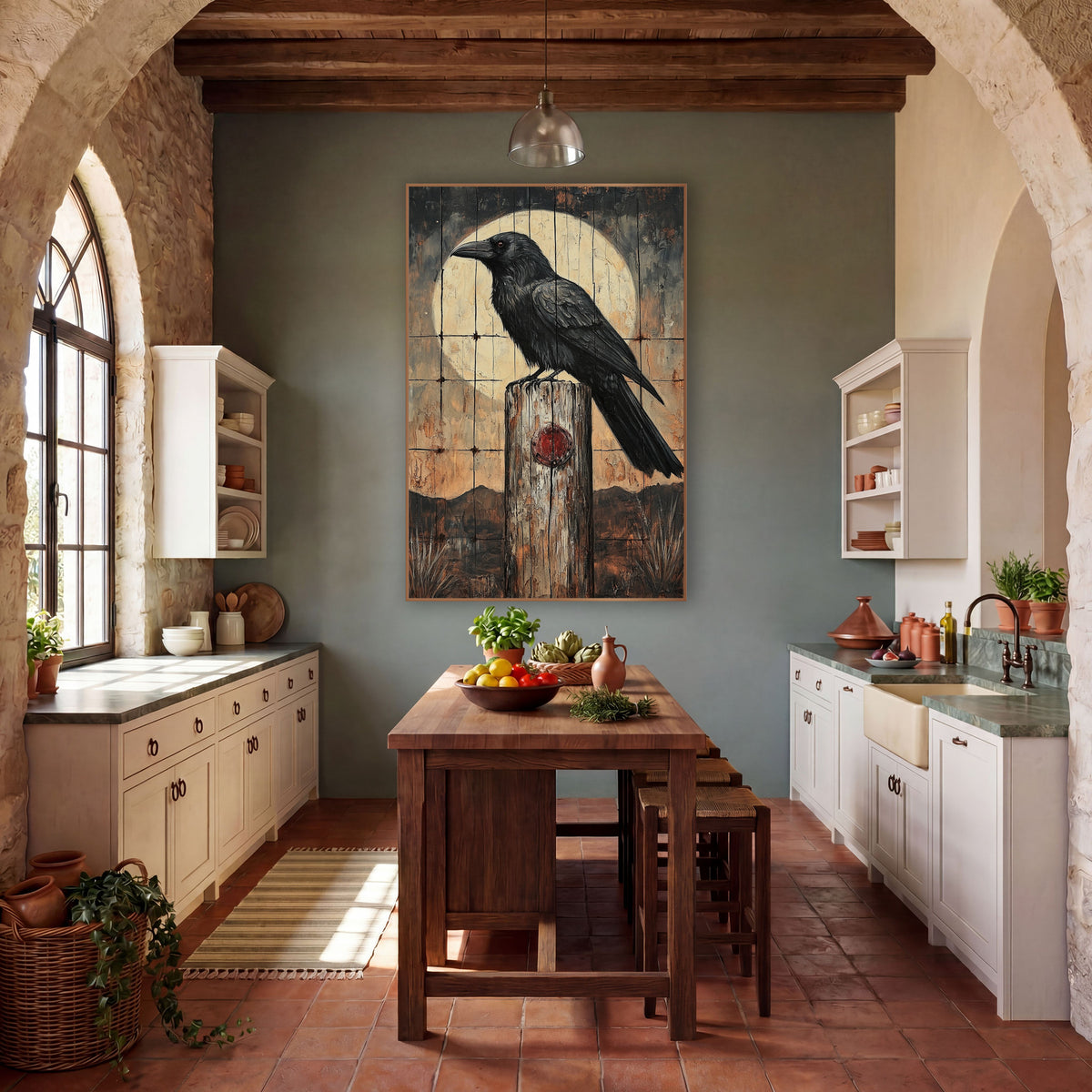 Raven Fence Post Moon Western wall art in a rustic western-style room – black raven perched on a weathered wooden