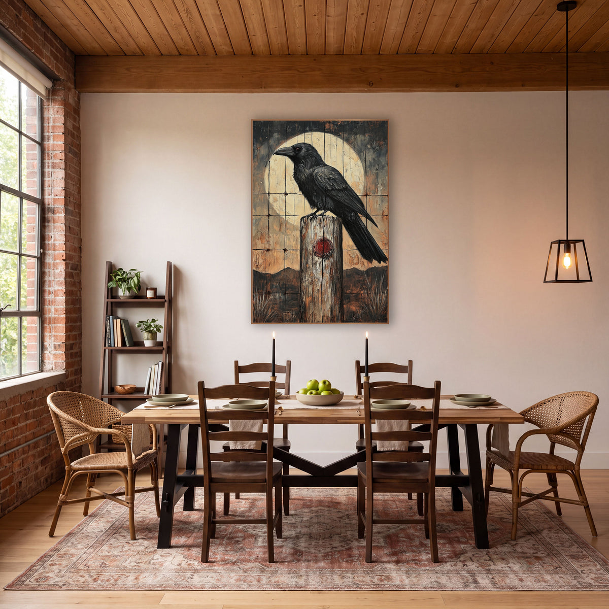 Raven Fence Post Moon Western wall art in a rustic western-style room – black raven perched on a weathered wooden