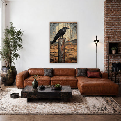 Raven Barbed Wire Prairie Rustic wall art in a rustic western-style room – black raven perched on a weathered wooden