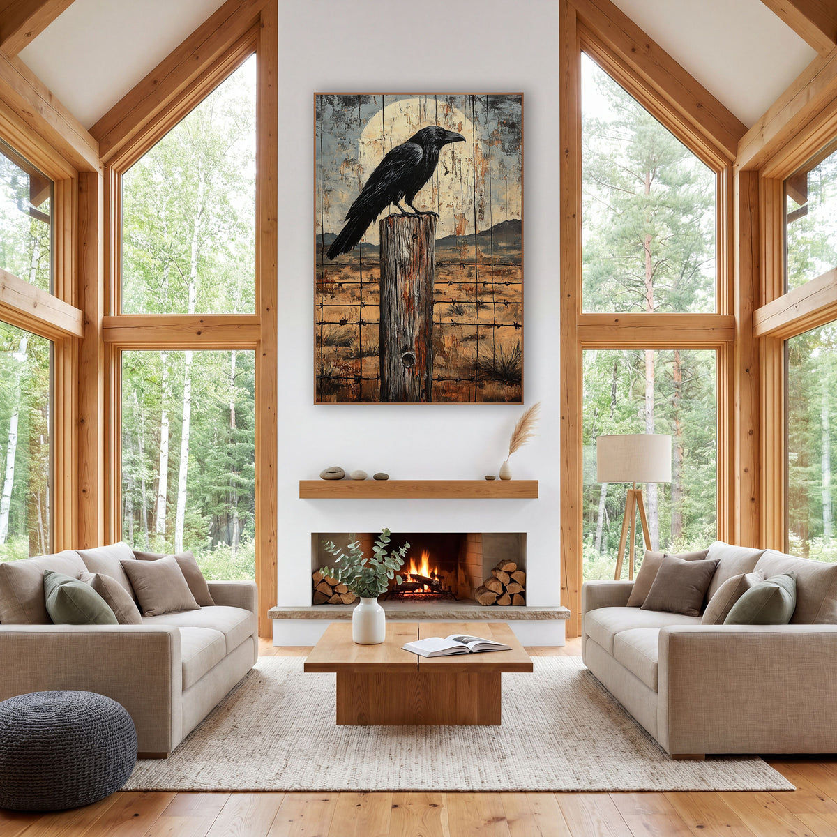 Raven Barbed Wire Prairie Rustic wall art in a rustic western-style room – black raven perched on a weathered wooden