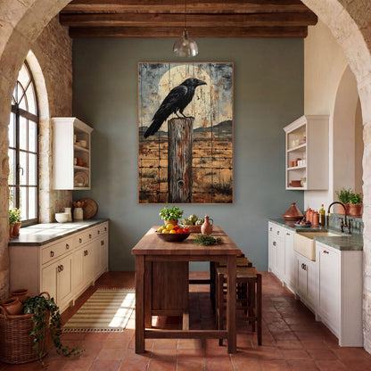 Raven Barbed Wire Prairie Rustic wall art in a rustic western-style room – black raven perched on a weathered wooden