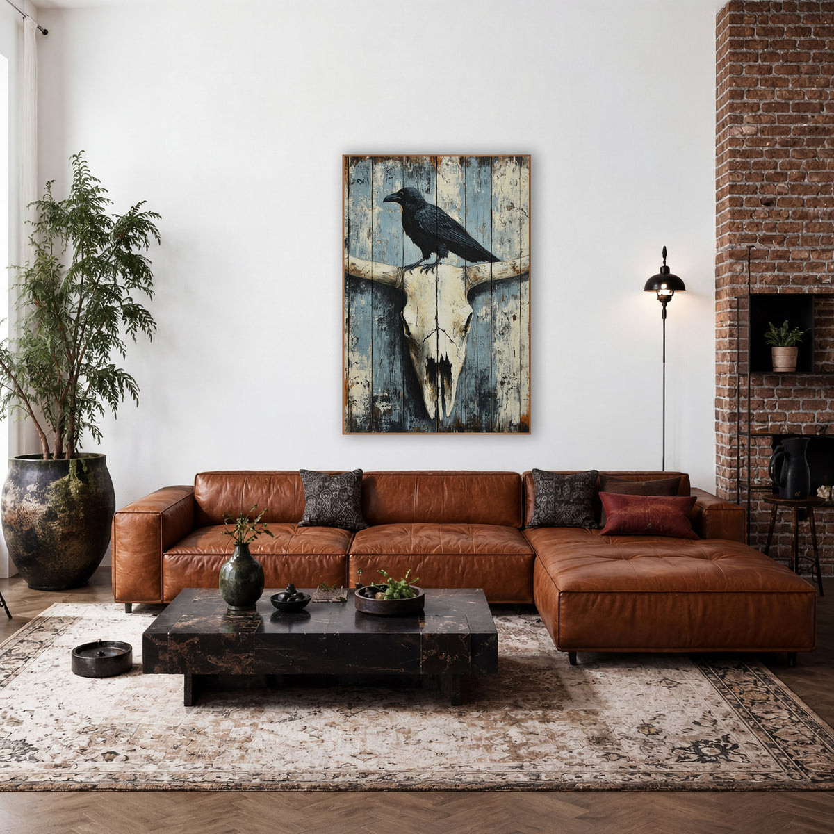 Raven Perched Whitewashed Plank Skull wall art in a rustic western-style room – black raven standing on a bleached