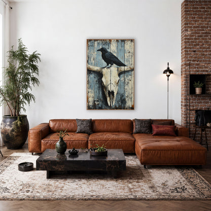 Raven Perched Whitewashed Plank Skull wall art in a rustic western-style room – black raven standing on a bleached
