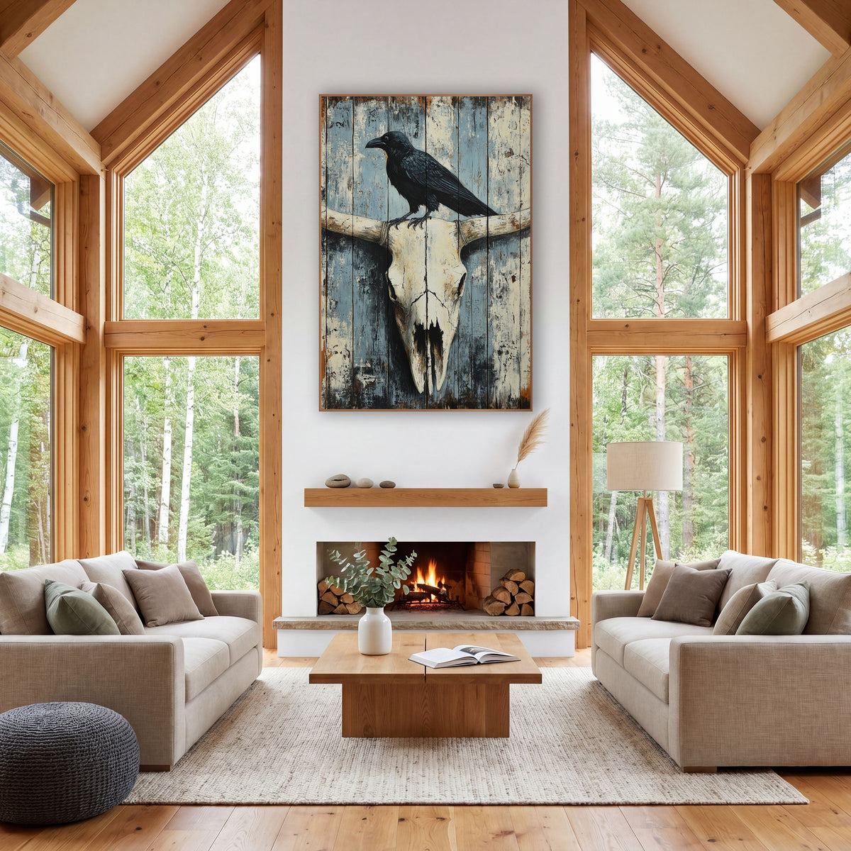 Raven Perched Whitewashed Plank Skull wall art in a rustic western-style room – black raven standing on a bleached