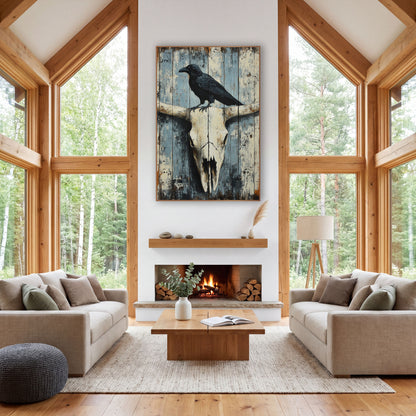 Raven Perched Whitewashed Plank Skull wall art in a rustic western-style room – black raven standing on a bleached