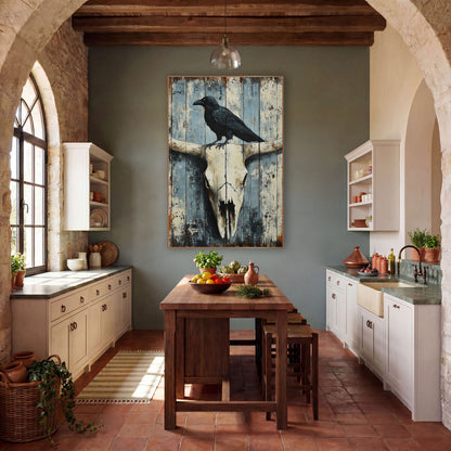 Raven Perched Whitewashed Plank Skull wall art in a rustic western-style room – black raven standing on a bleached
