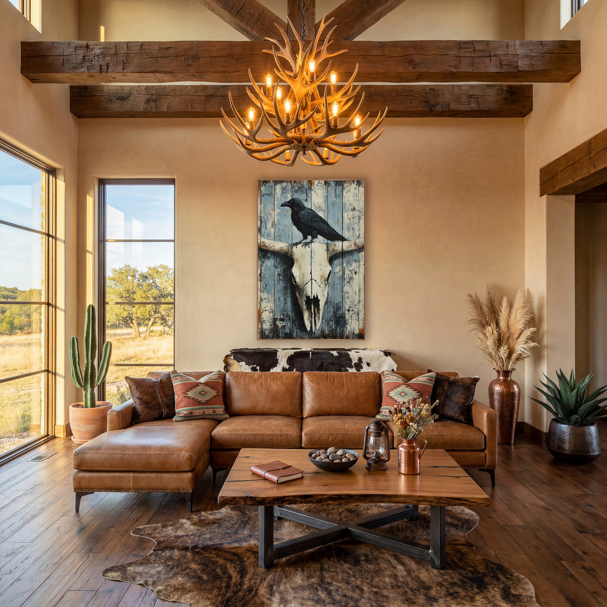 Raven Perched Whitewashed Plank Skull wall art in a rustic western-style room – black raven standing on a bleached