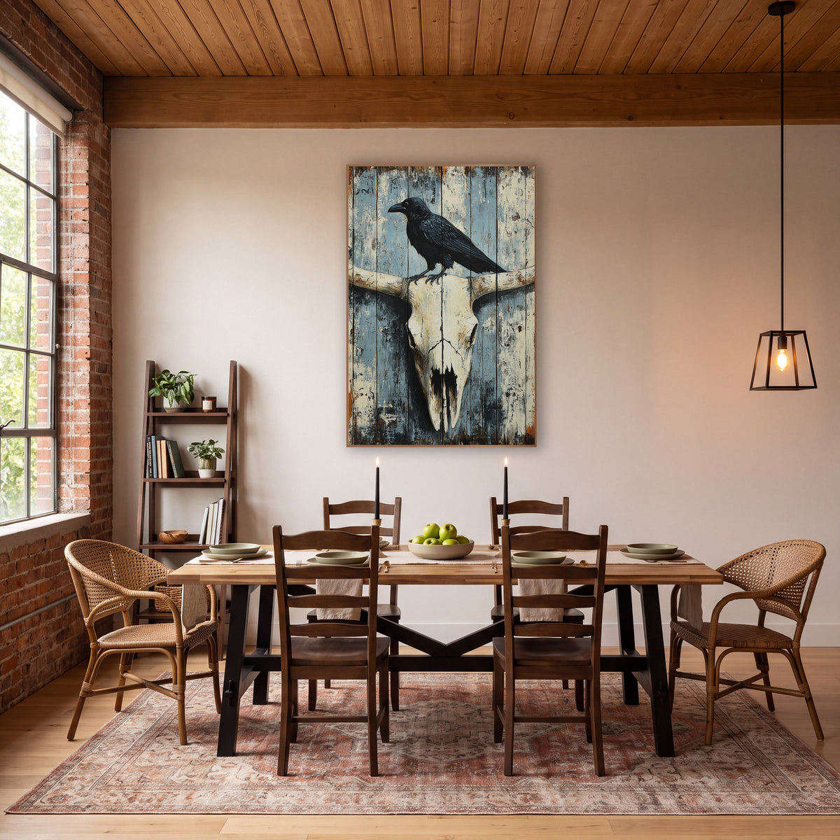 Raven Perched Whitewashed Plank Skull wall art in a rustic western-style room – black raven standing on a bleached