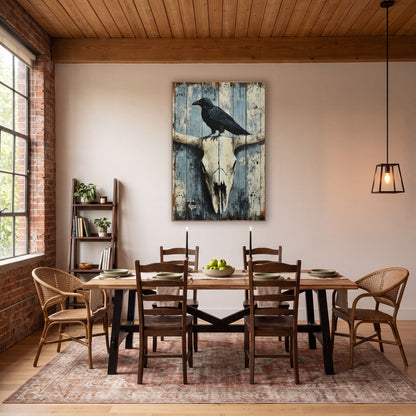 Raven Perched Whitewashed Plank Skull wall art in a rustic western-style room – black raven standing on a bleached
