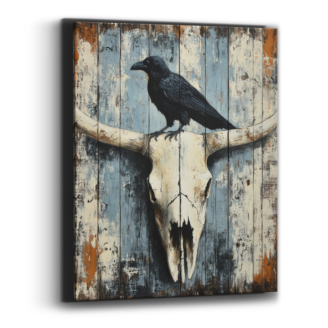 Raven Perched Whitewashed Plank Skull Canvas Wall Art