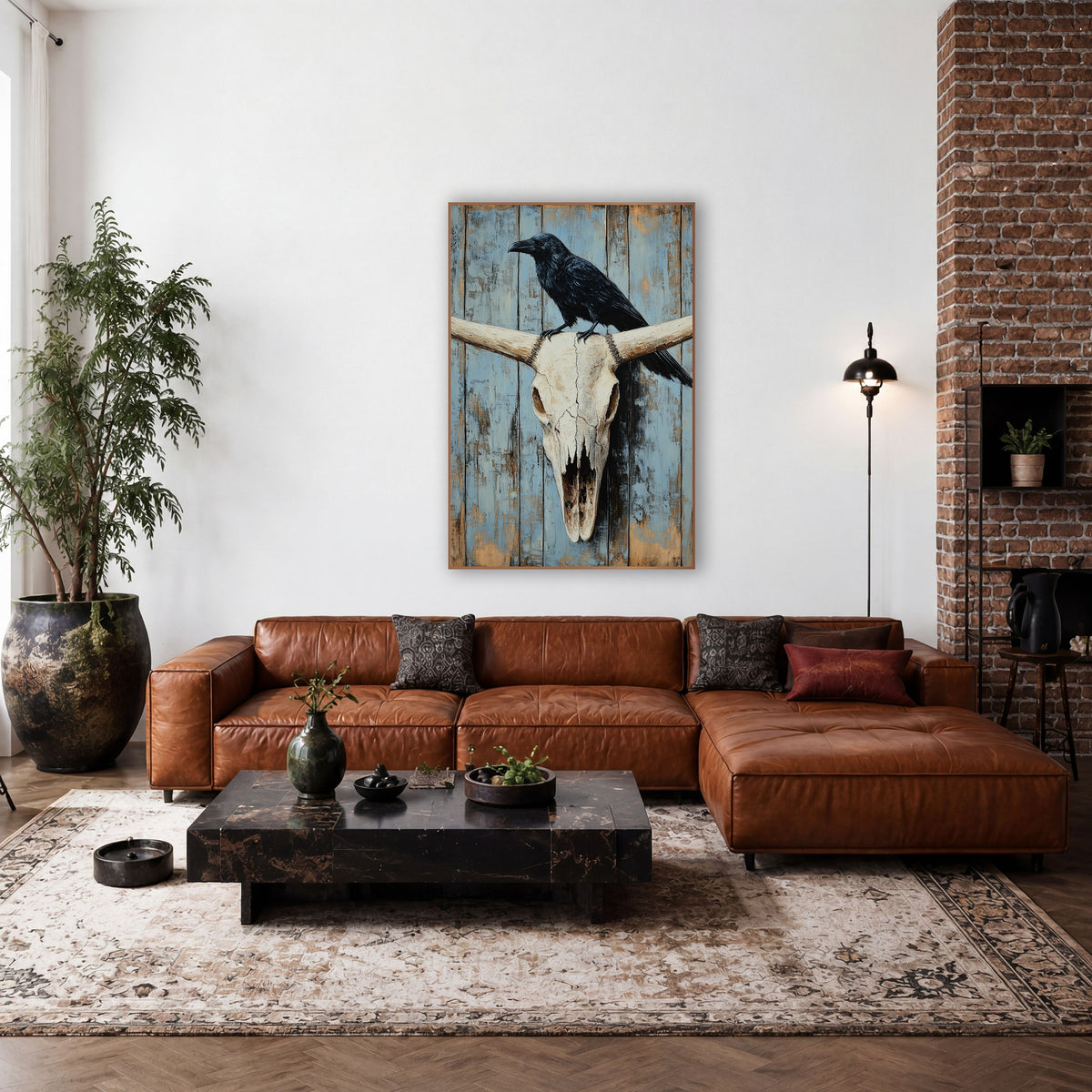 Raven Resting Powder Blue Planks wall art in a rustic western-style room – black raven perched on a bleached longhorn