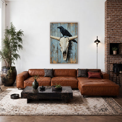 Raven Resting Powder Blue Planks wall art in a rustic western-style room – black raven perched on a bleached longhorn