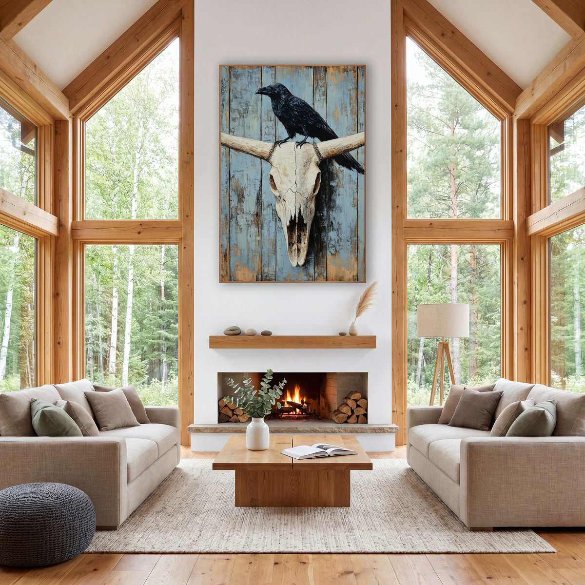 Raven Resting Powder Blue Planks wall art in a rustic western-style room – black raven perched on a bleached longhorn