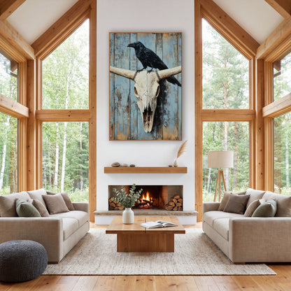 Raven Resting Powder Blue Planks wall art in a rustic western-style room – black raven perched on a bleached longhorn