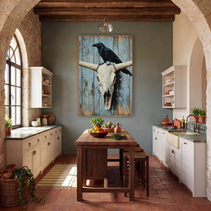 Raven Resting Powder Blue Planks wall art in a rustic western-style room – black raven perched on a bleached longhorn