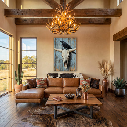 Raven Resting Powder Blue Planks wall art in a rustic western-style room – black raven perched on a bleached longhorn