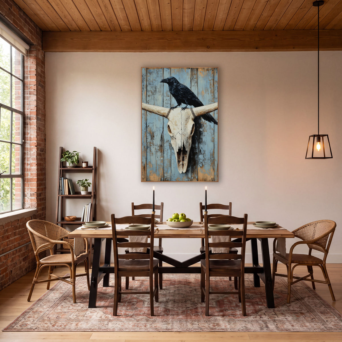 Raven Resting Powder Blue Planks wall art in a rustic western-style room – black raven perched on a bleached longhorn