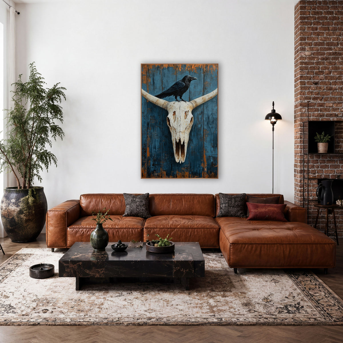 Raven Facing Right Indigo Planks wall art in a rustic western-style room – black raven perched on a bleached longhorn