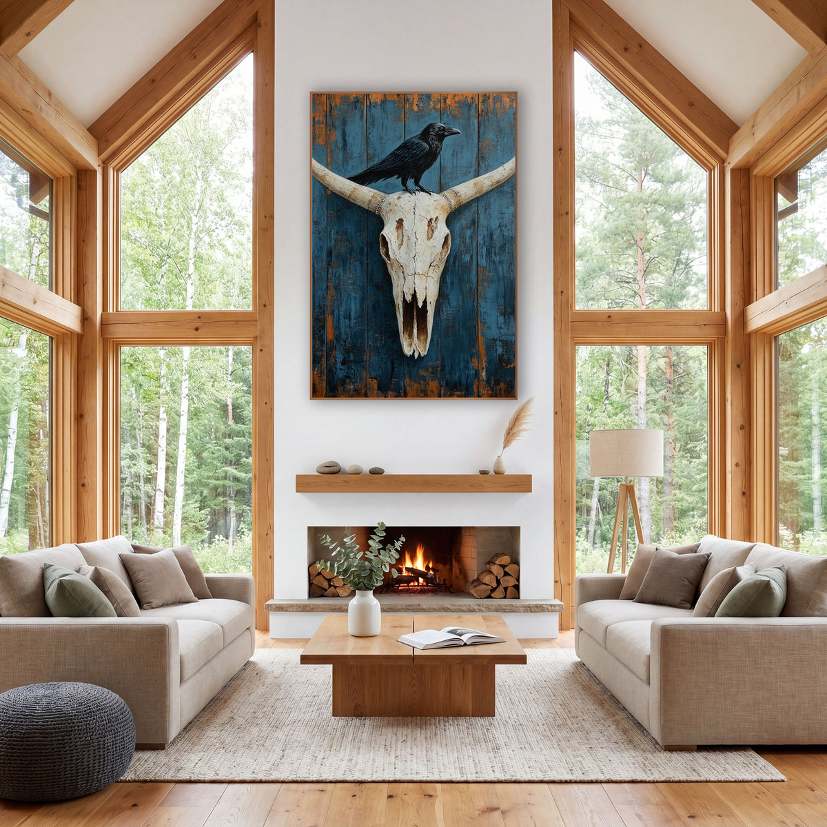 Raven Facing Right Indigo Planks wall art in a rustic western-style room – black raven perched on a bleached longhorn