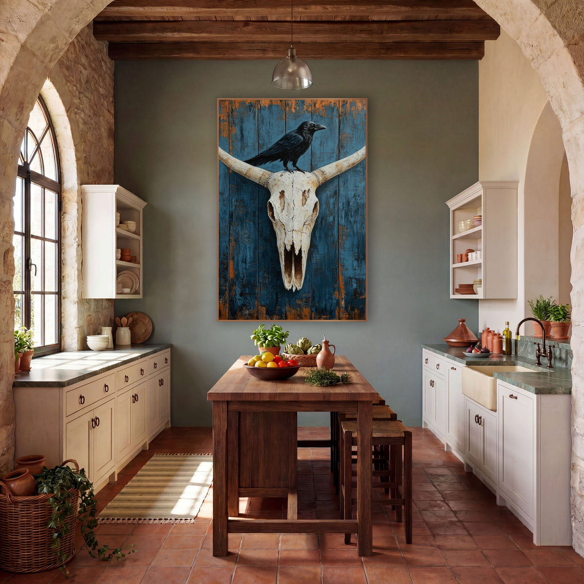 Raven Facing Right Indigo Planks wall art in a rustic western-style room – black raven perched on a bleached longhorn