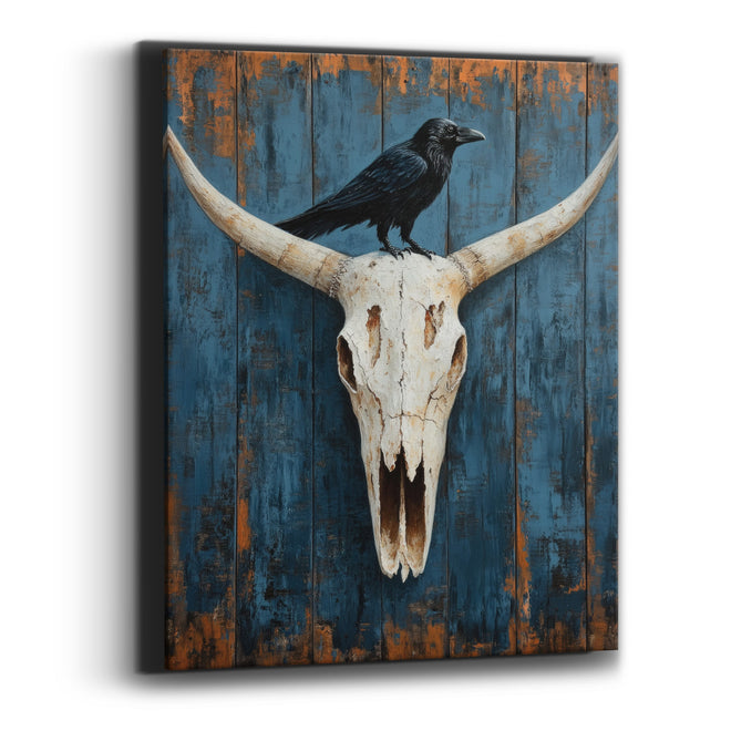 Raven Facing Right Indigo Planks Canvas Wall Art