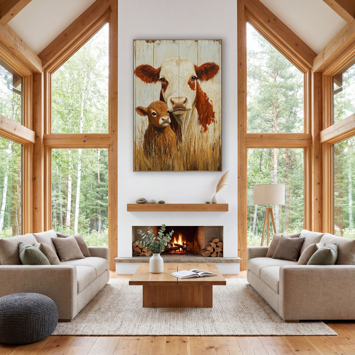 Cow Calf Whitewashed Planks Rustic wall art in a rustic western-style room – white-faced cow with rust red ears